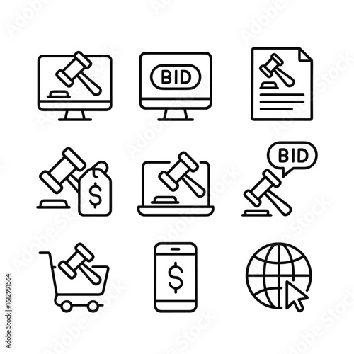 Internet auction business icons set. Outline symbols. Line design