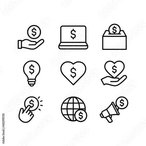 Crowdsourcing and finance vector icons. Outline symbols. Line design