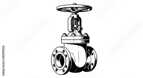Technical drawing of a flanged gate valve. Industrial equipment for flow regulation and isolation in pipelines.