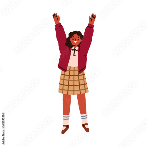 Girl kid, happy school student. Excited child with arms raised, jumping with hands up. Joyful schoolkid smiling, emotional cheerful expression. Flat vector illustration isolated on white background