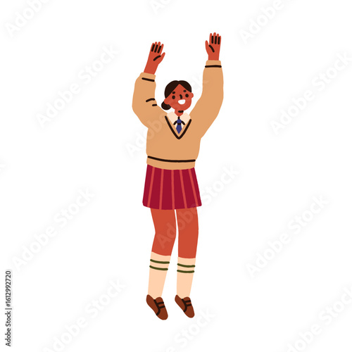 School kid, happy girl student. Excited child with arms, hands raised, jumpin...