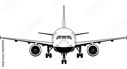 Detailed black and white line art illustration of a commercial passenger jet. Front-on view of an airliner for transport and aviation concepts.