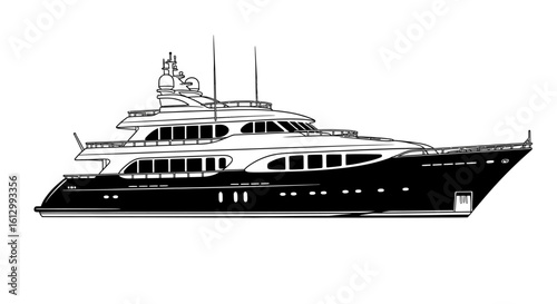 Monochrome vector illustration of a luxury superyacht. Side profile view for concepts of opulent travel, wealth, and maritime leisure.