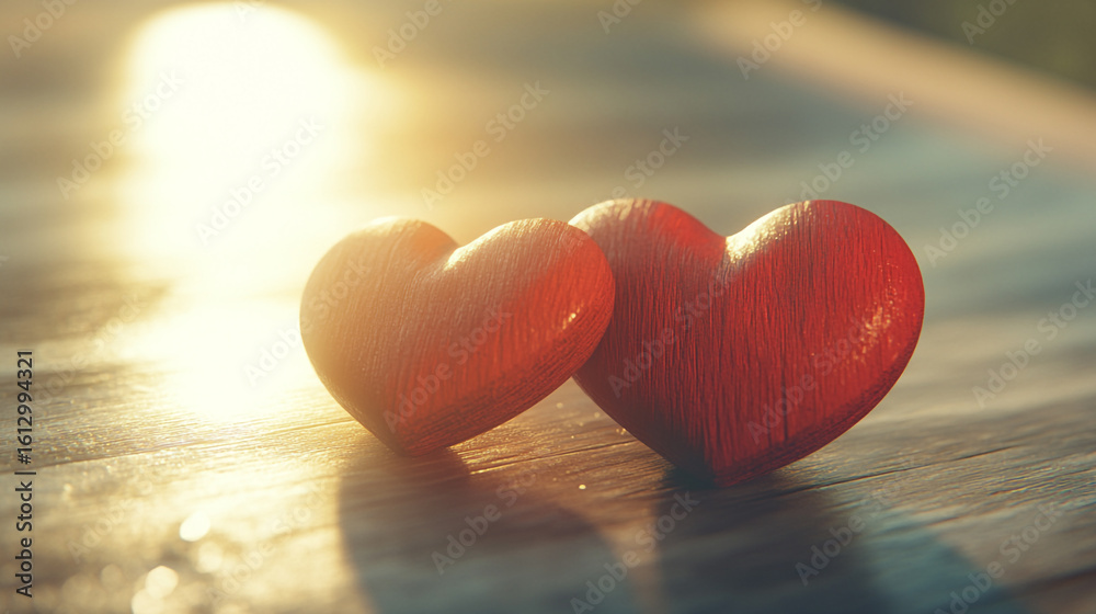 Fototapeta premium Two red hearts on wooden surface sunset light love romance