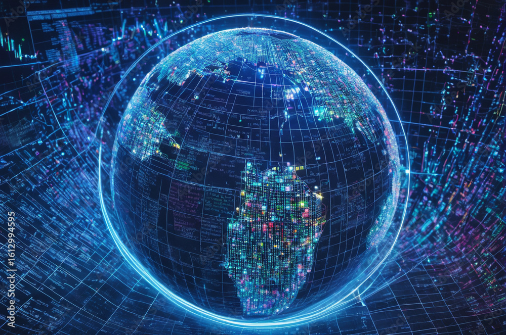 Fototapeta premium Digital Globe with Data Streams and Networks. Generative AI. 