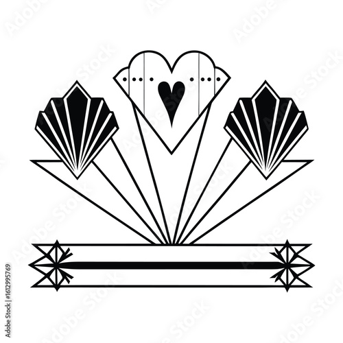 Elegant Black and White Art Deco Abstract Heart and Fan Design