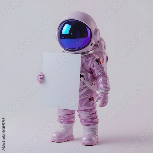 Astronaut holding blank white poster isolated on white background