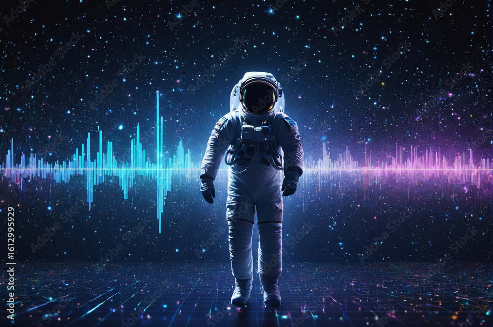 Fototapeta premium Astronaut Exploring Vibrant Space with Sound Waves. Generative AI.
