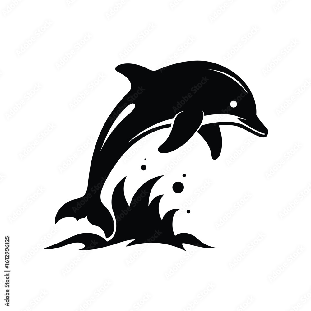 Fototapeta premium Dynamic dolphin leaping through a water splash in a bold black silhouette