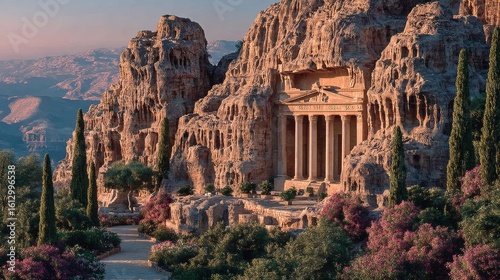 Ancient Greek Style Temple Built Into Rocky Mountain Cliff Surrounded by Pink and Green Vegetation