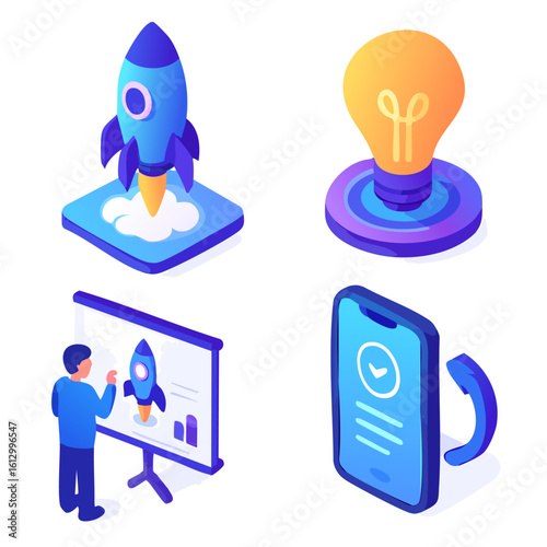 A set of doodle icons for data analysis, business intelligence, and research., startup concept- rocket launch, lightbulb idea, pitch present