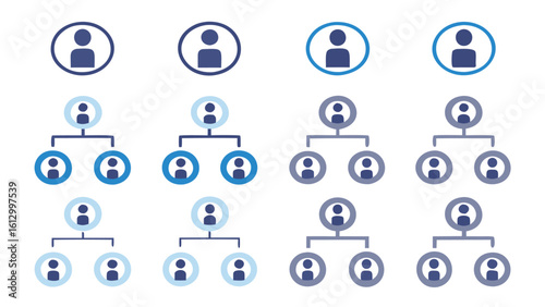 showing organizational charts with person icons in circles and connecting lines in different colors