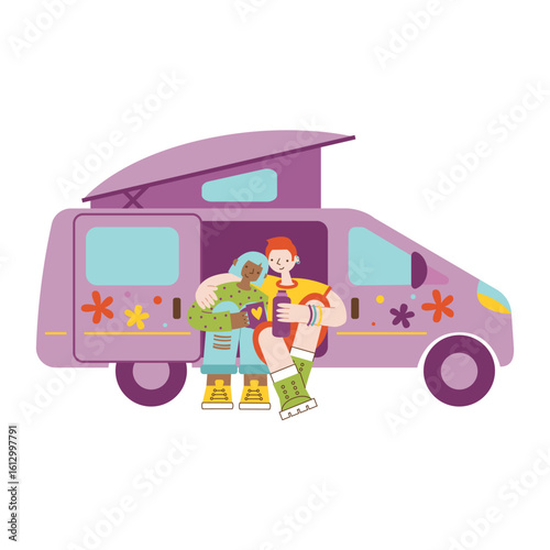 Boy and  african american girl travel in camper van and drink from mug and thermos bottle. Outdoor camping vacation in RV. Romantic holiday in motorhome.