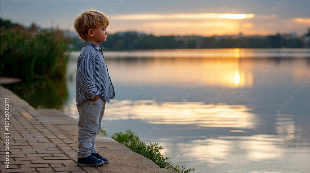 Fototapeta premium Toddler boy by a tranquil lake at sunset