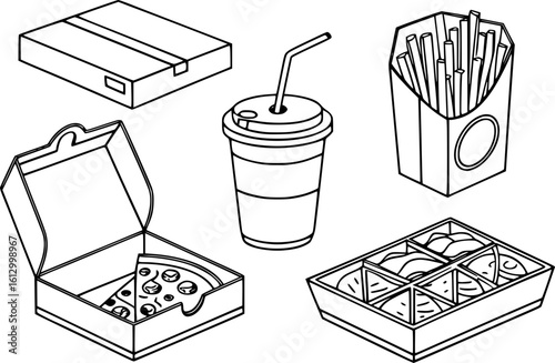 Minimalist Line Art of Fast Food Takeout Containers – Pizza Box, Coffee Cup, Chinese Box, Burger Clamshell, and More in Clean Black-and-White Style