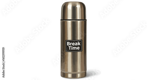 Shiny Stainless Steel Thermos with Break Time Sticker Isolated on White.