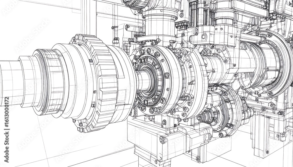 Obraz premium Detailed wireframe schematic of industrial machinery, showcasing intricate internal components and connections
