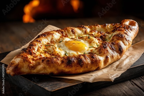 Wallpaper Mural Hot Georgian adjaruli khachapuri on parchment-lined wooden board with melted cheese and baked egg yolk center, rustic firelit background evokes Caucasus cuisine Torontodigital.ca