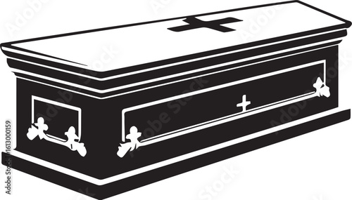 Silent Farewell: A somber, black and white illustration of a classic wooden casket, the solemn symbol of departure.