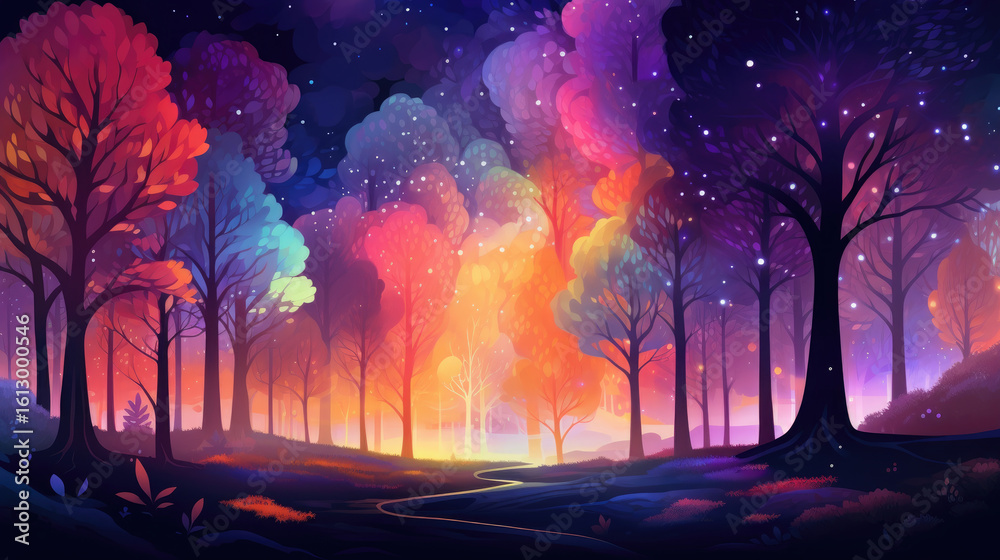 Obraz premium Enchanted Fantasy Garden with Magical Glow and Mystical Forest Scenery