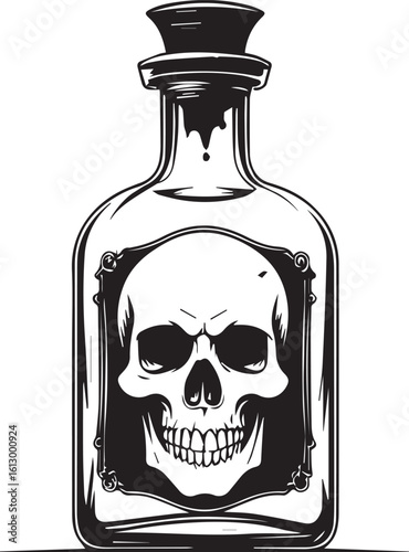 Intriguing Skull Bottle Illustration: A dark, mysterious graphic of a skull inside a bottle, creating a sense of unease and allure.