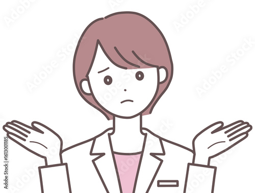 両手を広げて困困った表情の白衣の女性