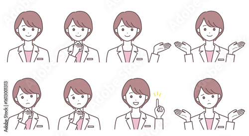 白衣の若い女性のポーズセット