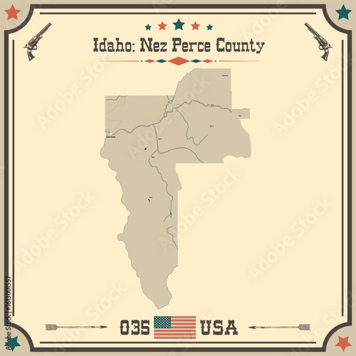 Large and accurate map of Nez Perce County, Idaho, USA with vintage colors.