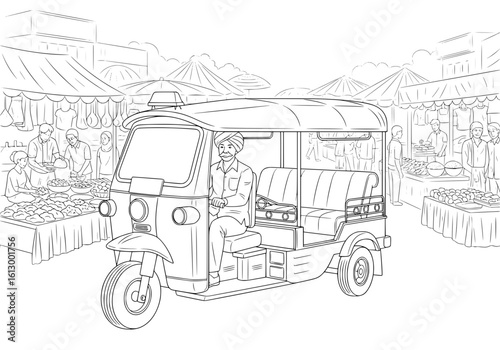 Vintage tuk-tuk auto rickshaw parked at bustling outdoor market scene, black and white sketch style