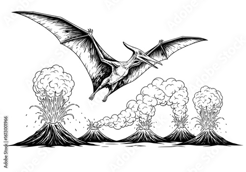 Majestic Pterodactyl soars over erupting volcanoes depicting prehistoric era drama and ancient power.