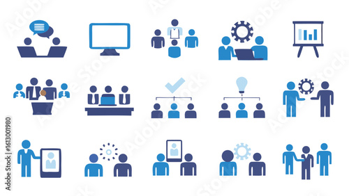 various business meeting and organizational structure concepts in blue and white color scheme