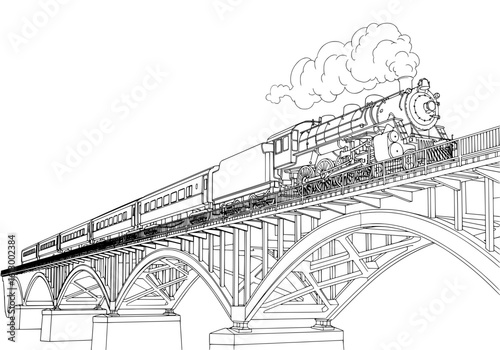 Classic steam train crosses impressive arched railway bridge emitting smoke and steam against a bright sky
