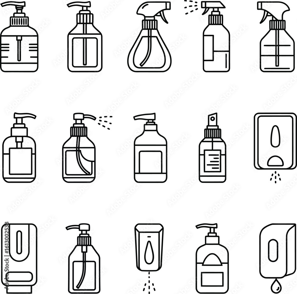 Fototapeta premium Hand Sanitizer and Soap Dispenser Line Icons Collection