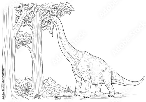Gentle giant dinosaur peacefully grazing on lush green foliage amidst ancient trees in a prehistoric forest scene