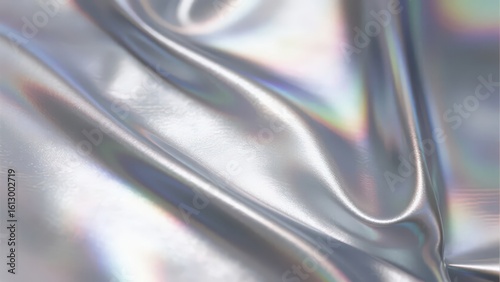 Silver laser - textured silk fabric, showing flowing folds and colorful luster, with a strong sense of fashion and art.
