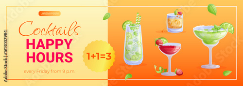 Promo banner template for a cocktail bar. Happy Hour cocktails. Mojito, margarita, old fashion, daiquiri. The concept of a bar, restaurant, cafe. Vector illustration for posters, banners, flyers.