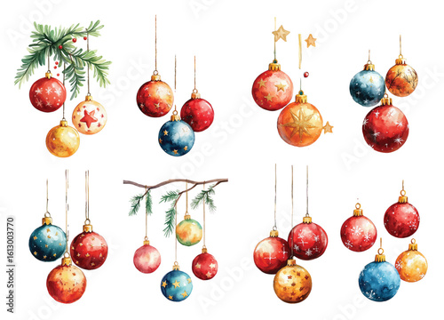 Watercolor set with toy garland balls Christmas decoration with fir branch. New year toys collection. Festive decor, party and celebration symbol, Xmas tree decoration