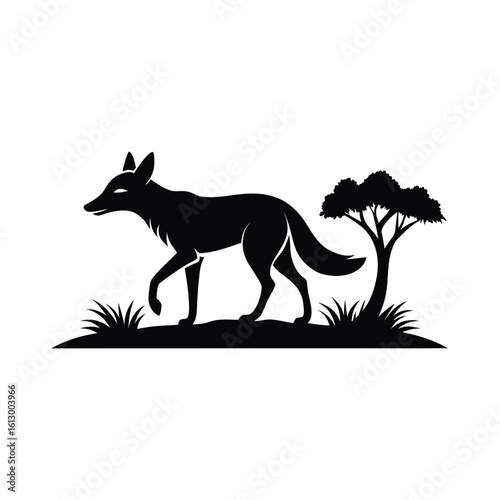 Dynamic black silhouette of a jackal running gracefully through an african savannah landscape
