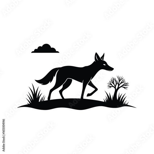 Dynamic black silhouette of a jackal running through a vibrant african savannah landscape