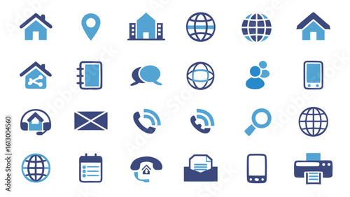 various contact and communication icons in blue and light blue colors arranged neatly