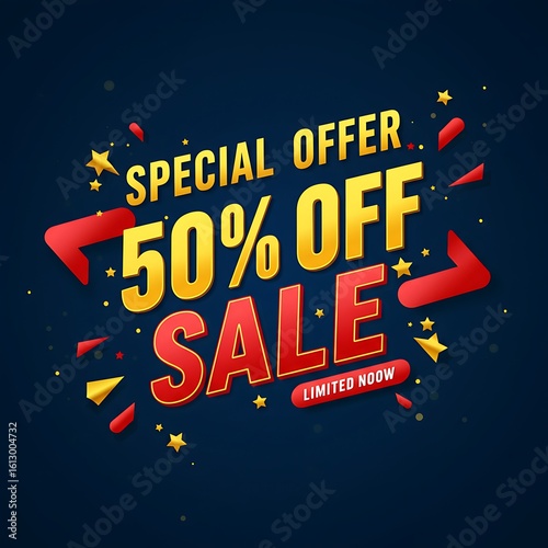 Modern sale announcement banner with angled red and yellow elements, stars, and discount text.