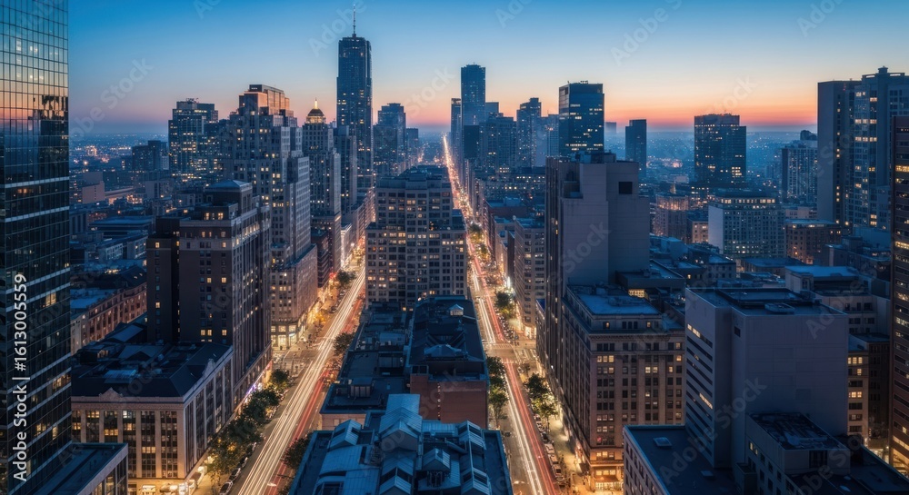 Obraz premium Aerial view of a city street at dawn, skyscrapers lining the thoroughfare