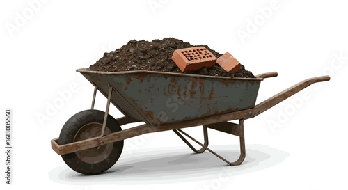 Weathered Wheelbarrow Filled with Soil and Bricks on White Background.