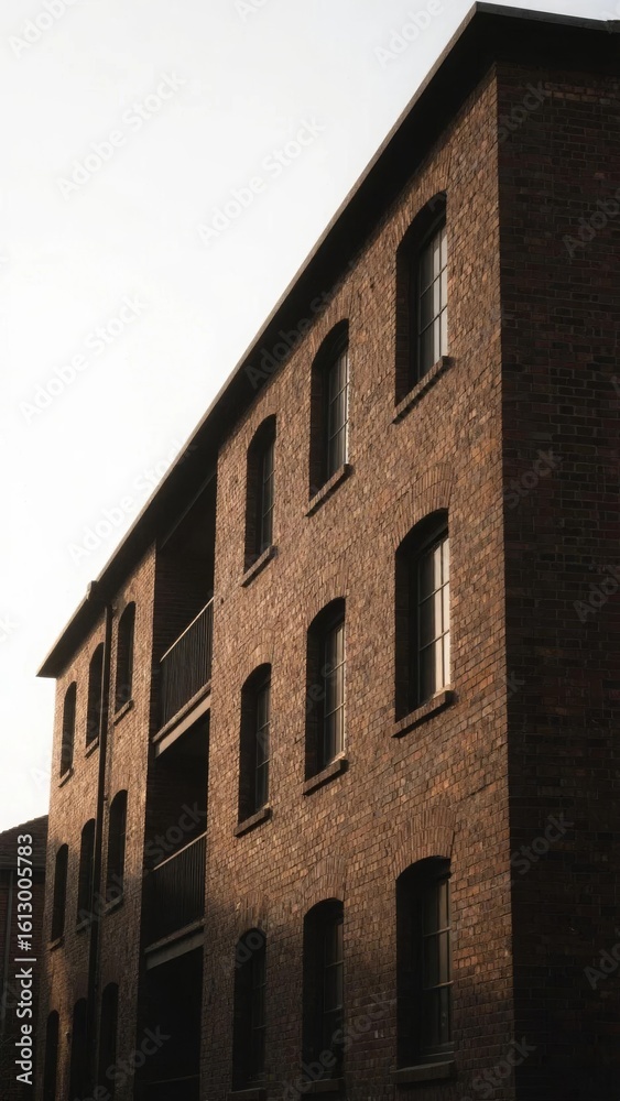 Fototapeta premium Brick Building with Arched Windows and Balconies
