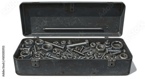 Open Toolbox Overflowing with Assorted Nuts and Bolts on White Background.