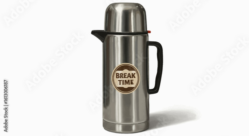 Shiny Stainless Steel Thermos with Break Time Sticker on White Background.