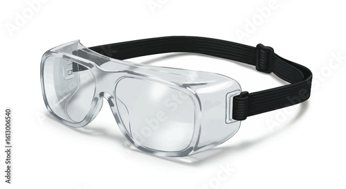 Clear Safety Goggles with Black Adjustable Strap on White Background.