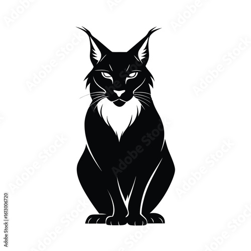 Black silhouette of a lynx with pointed ears sitting alertly and looking forward