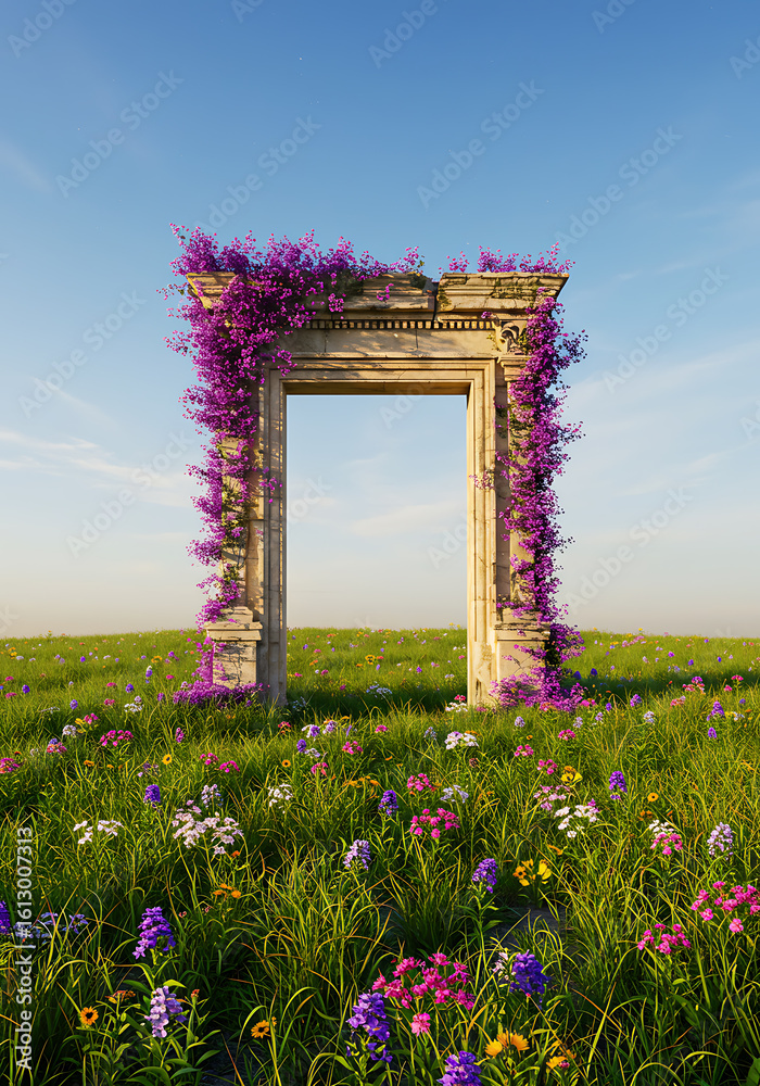 Naklejka premium Enchanted Stone Archway in a Vibrant Wildflower Meadow under a Serene Sky