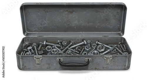 Open Toolbox Overflowing with Assorted Silver Bolts and Nuts on White Background.